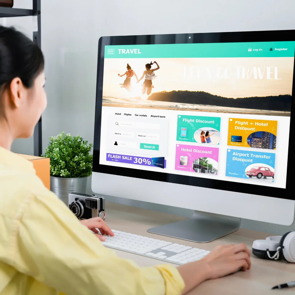 Woman using a desktop computer to browse a travel website offering discounts on flights, hotels, and airport transfers.