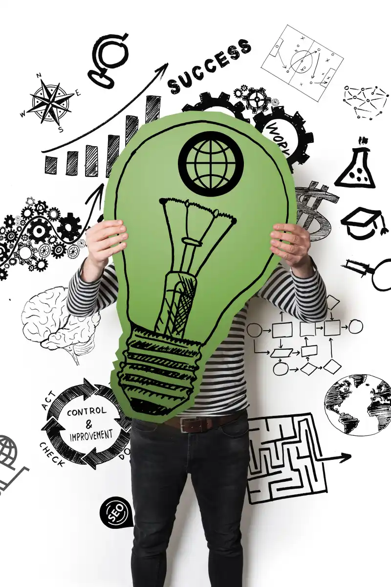 Person holding a large green lightbulb cutout in front of face, surrounded by doodles of ideas, innovation, success, and creativity.