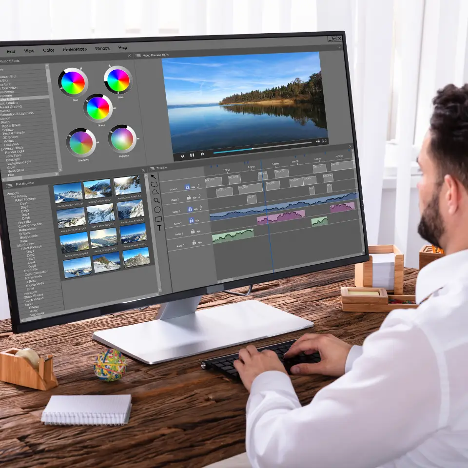 man-in-white-shirt-editing-video-on-desktop-computer-with-professional-editing-software-showing-timeline-and-color-wheels