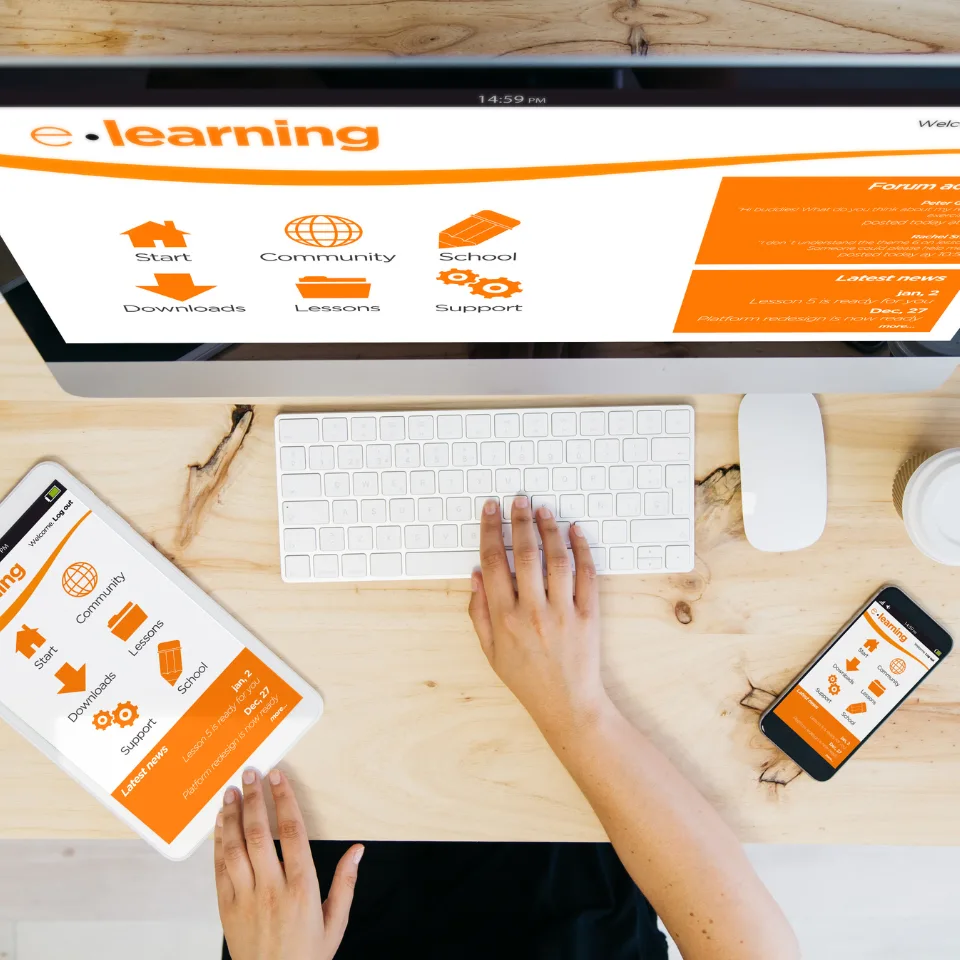 Person using desktop, tablet, and smartphone to access an e-learning platform with options like lessons, school, and community