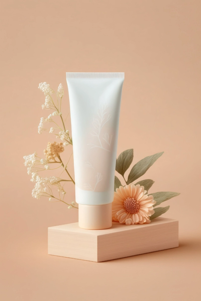 white-cosmetic-tube-on-beige-platform-with-orange-flower-and-green-leaves-against-peach-background