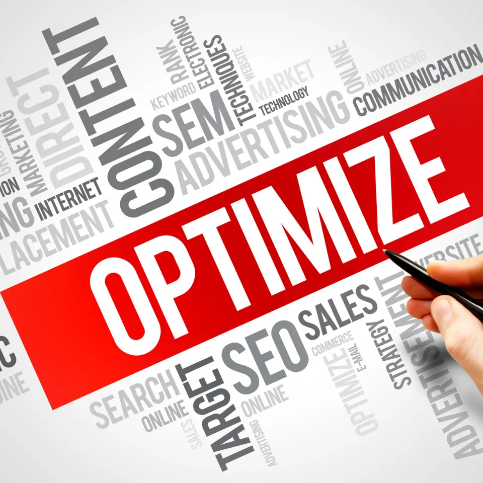 Optimize highlighted with keywords like SEO, content, advertising, and SEM in a digital marketing word cloud