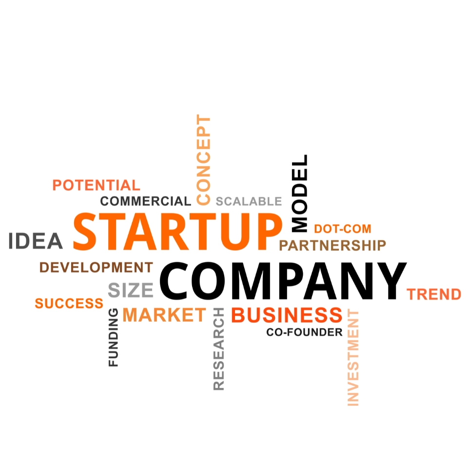 Word cloud featuring STARTUP and COMPANY prominently with business terms like concept, development, market, success.